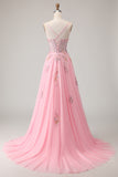 Pink A-Line Corset Beaded Prom Dress With Lace Up Back