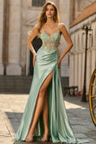 Green Corset Appliqued Satin Prom Dress with Side Cape