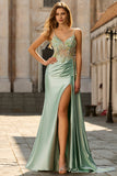 Green Corset Appliqued Satin Prom Dress with Side Cape