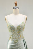 Green Mermaid Beaded Spaghetti Straps Satin Prom Dress With Slit