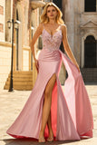 Sparkly Pink Corset Appliqued Satin Prom Dress