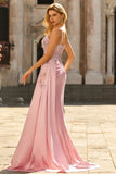 Green Mermaid Beaded Spaghetti Straps Satin Prom Dress With Slit