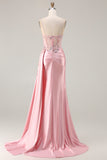 Green Mermaid Beaded Spaghetti Straps Satin Prom Dress With Slit
