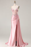 Green Mermaid Beaded Spaghetti Straps Satin Prom Dress With Slit