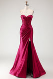 Champagne Mermaid Beaded Sweetheart Corset Prom Dress With Slit