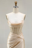 Champagne Mermaid Beaded Sweetheart Corset Prom Dress With Slit