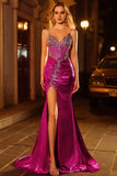 Metallic Golden Corset Pearl Mermaid Prom Dress With Slit