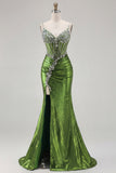 Metallic Golden Corset Pearl Mermaid Prom Dress With Slit