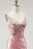 Blush Corset Sequin Satin Mermaid Prom Dress With Slit