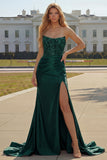Burgundy Corset Strapless Mermaid Satin Prom Dress With Slit