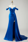 Off The Shoulder Golden Mermaid Ruched Satin Prom Dress With Slit