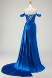 Off The Shoulder Golden Mermaid Ruched Satin Prom Dress With Slit