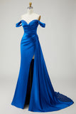 Off The Shoulder Golden Mermaid Ruched Satin Prom Dress With Slit