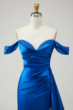 Off The Shoulder Golden Mermaid Ruched Satin Prom Dress With Slit