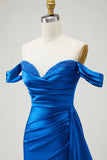 Off The Shoulder Golden Mermaid Ruched Satin Prom Dress With Slit