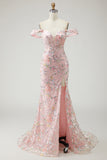 Floral Embroidered Blush Off The Shoulder Sequin Mermaid Prom Dress With Slit