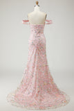 Floral Embroidered Blush Off The Shoulder Sequin Mermaid Prom Dress With Slit