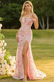 Off the Shoulder Pink Floral Mermaid Sequin Prom Dress