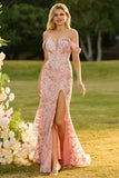 Off the Shoulder Pink Floral Mermaid Sequin Prom Dress