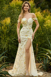 Off the Shoulder Pink Floral Mermaid Sequin Prom Dress