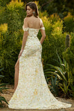 Off the Shoulder Pink Floral Mermaid Sequin Prom Dress