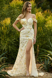 Off the Shoulder Pink Floral Mermaid Sequin Prom Dress