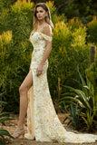 Off the Shoulder Pink Floral Mermaid Sequin Prom Dress
