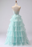 Pink Tiered Strapless Corset Beaded Prom Dress