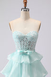 Pink Tiered Strapless Corset Beaded Prom Dress