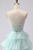 Pink Tiered Strapless Corset Beaded Prom Dress