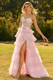 Strapless Pink Corset Tiered Bowed Prom Dress