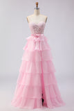 Pink Tiered Strapless Corset Beaded Prom Dress