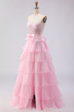 Pink Tiered Strapless Corset Beaded Prom Dress