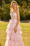 Strapless Pink Corset Tiered Bowed Prom Dress