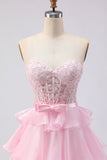 Pink Tiered Strapless Corset Beaded Prom Dress