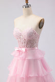 Pink Tiered Strapless Corset Beaded Prom Dress