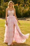 Pink Tiered Strapless Corset Beaded Prom Dress