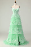 Strapless Purple Corset Tiered A-Line Prom Dress With Slit