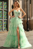 Strapless Purple Corset Tiered A-Line Prom Dress With Slit