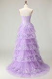 Strapless Purple Corset Tiered A-Line Prom Dress With Slit