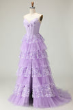 Strapless Purple Corset Tiered A-Line Prom Dress With Slit