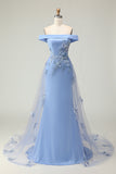 Off The Shoulder Grey Blue Mermaid Appliqued Mother Of the Bride Dress