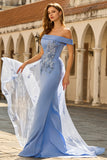 Off The Shoulder Grey Blue Mermaid Appliqued Mother Of the Bride Dress