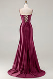 Elegant Navy Mermaid Embroidered Corset Prom Dress With Slit
