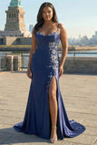Navy Mermaid Corset Embroidered Plus Size Prom Dress
