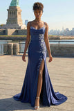 Elegant Navy Mermaid Embroidered Corset Prom Dress With Slit