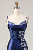 Elegant Navy Mermaid Embroidered Corset Prom Dress With Slit