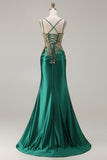 Black Mermaid Beaded Appliqued Satin Prom Dress With Slit