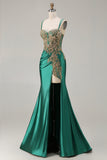 Black Mermaid Beaded Appliqued Satin Prom Dress With Slit