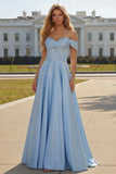 Purple Off The Shoulder A Line Beaded Satin Prom Dress